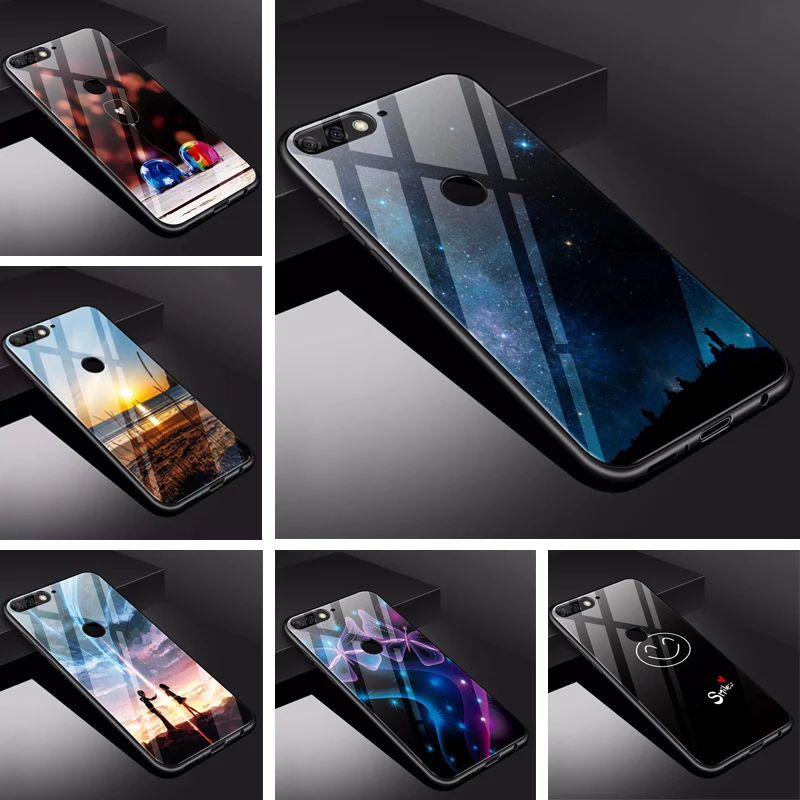 

5.65" Funda For Huawei P Smart 2018 Case Glass Back Cover PC Protector Phone Case For Huawei P Smart FIG-LX1 Soft TPU Bumper