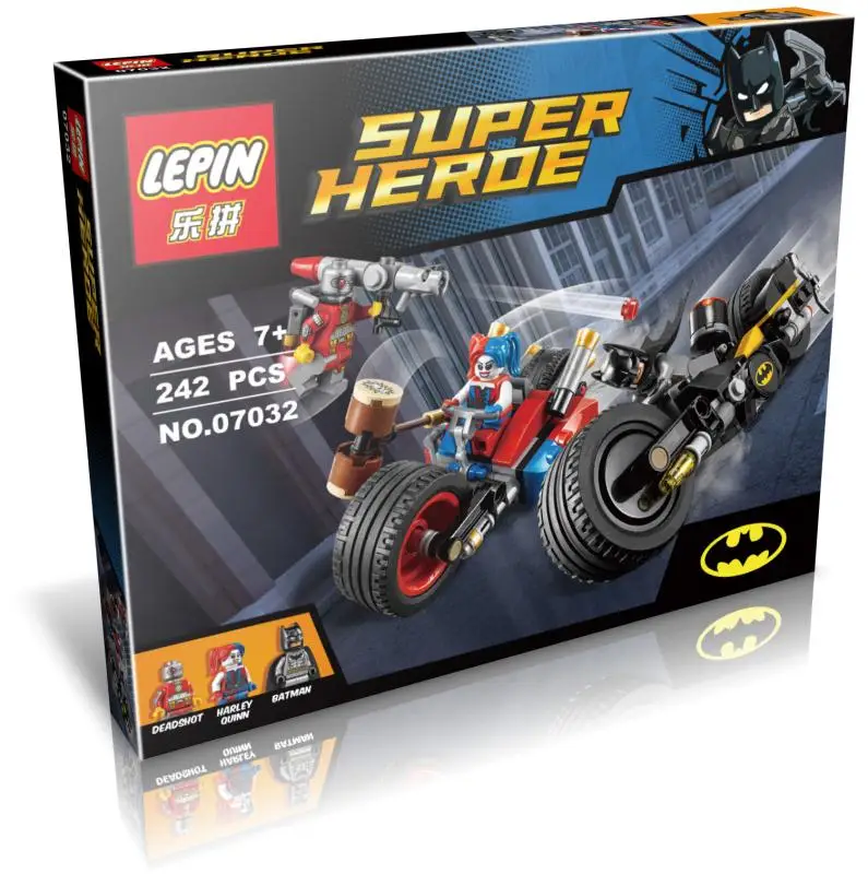 

242pcs Super Heros Mighty Micros Deadshot Harley Queen Batman with motorcycle Blocks Toys Superheros