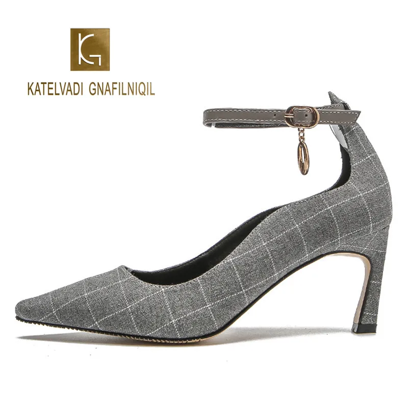 

Size 34-40 Shoes Woman Pointed Toe Grey Grid Women Pumps Sexy Retro Thin high Heels Ankle Buckles Strap Autumn Shoes K-270