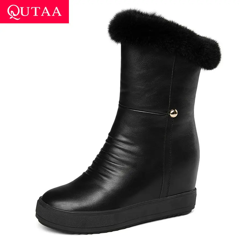 

QUTAA 2020 New Winter Warm Fur Fashion Platform Rivet Ankle Boots Height Increasing PU Leather Zipper Women Shoes Size 34-39