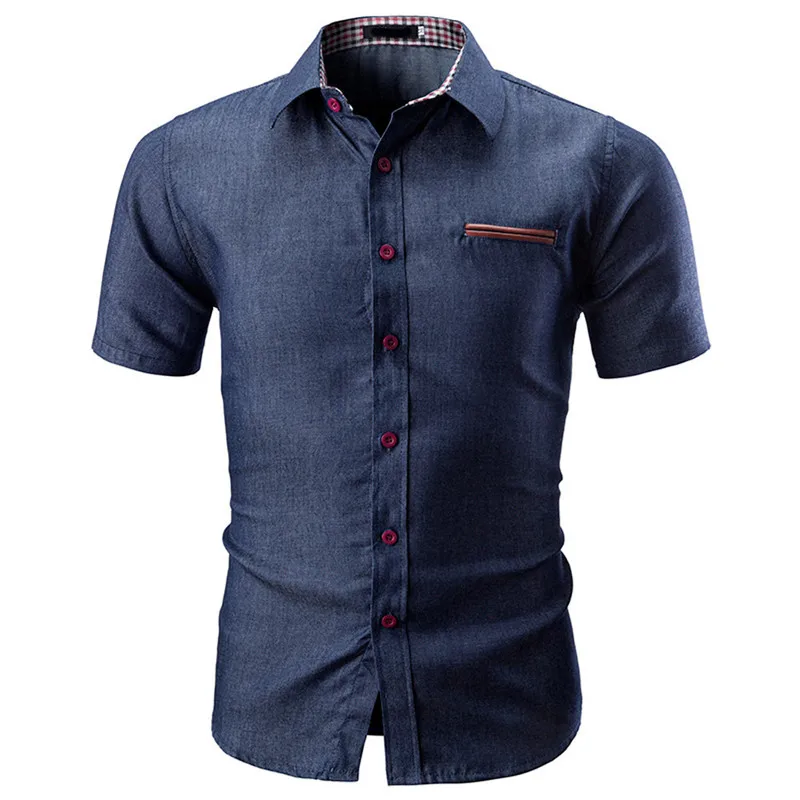 Летние Для мужчин Повседневное футболка с коротким рукавом в клетку Chemise Homme сплошной Цвет Бизнес Slim Fit офисные рубашки Блузка Топы Camisas мужской - Цвет: Navy