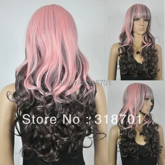 

Free Shipping 60cm Long Pink brown mixed color Beautiful lolita wig Anime Wig