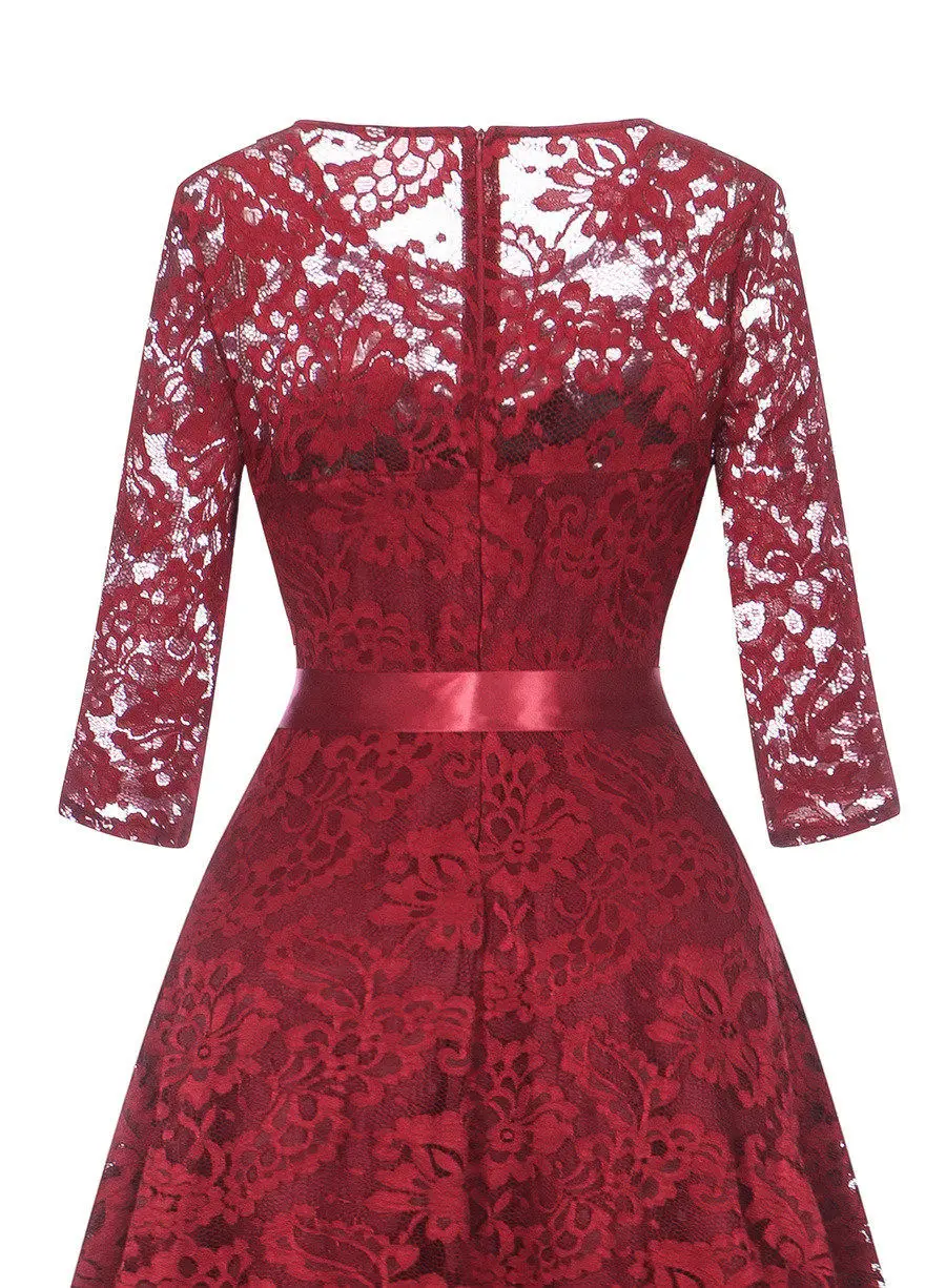 Gladiolus Hot 2018 Autumn Dress Women 34 Sleeve Sexy Lace Hollow Belt Tunic Midi Vintage Dress Evening Cocktail Party Dresses (14)