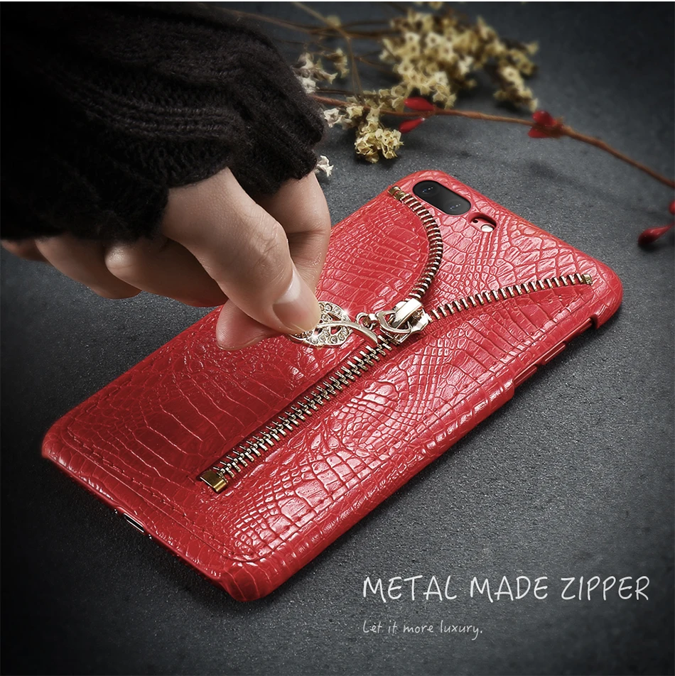 Zipper Leather Case For iPhone 6 6S 7 Plus 5 5S Rhinestone Leaf Crocodile Pattern (4)