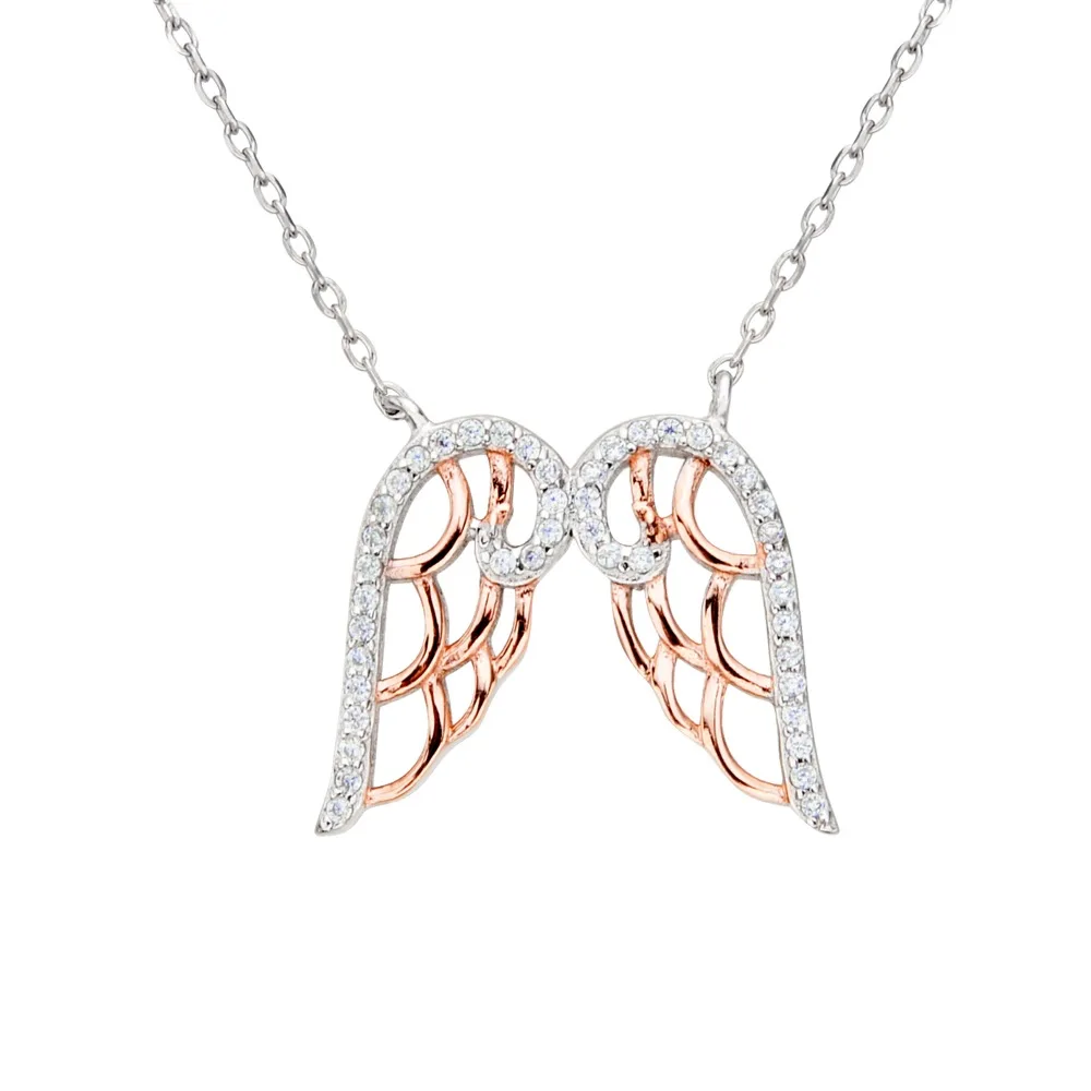 BELLA Fashion 925 Sterling Silver Dual Angel Wing Pendant Necklace