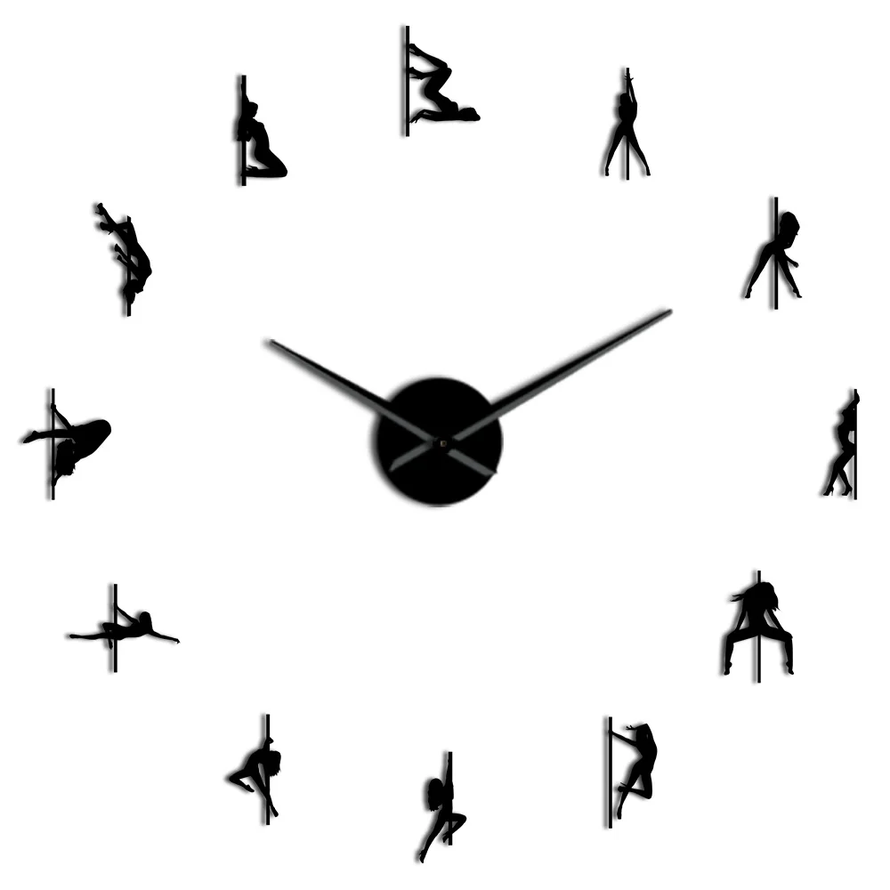 Pole Dance DIY Giant Wall Clock Sexy Girls Stripper Mirror Numbers Stickers Steal Tube Dancer Night Club Decor Modern Wall Clock - Цвет: Black