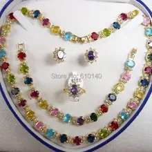 Женская ювелирные изделия многоцветный циркония покрытием из желтого золота серьги браслет ожерелье Ring8