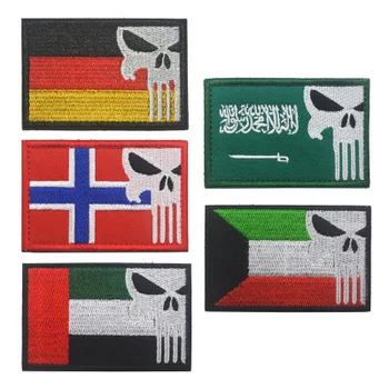 

20pcs Embroidery Germany Norway UAE Kuwait Flag Patch Punisher Tactical Badge Skull Patches Military Brassard Armband Wholesale