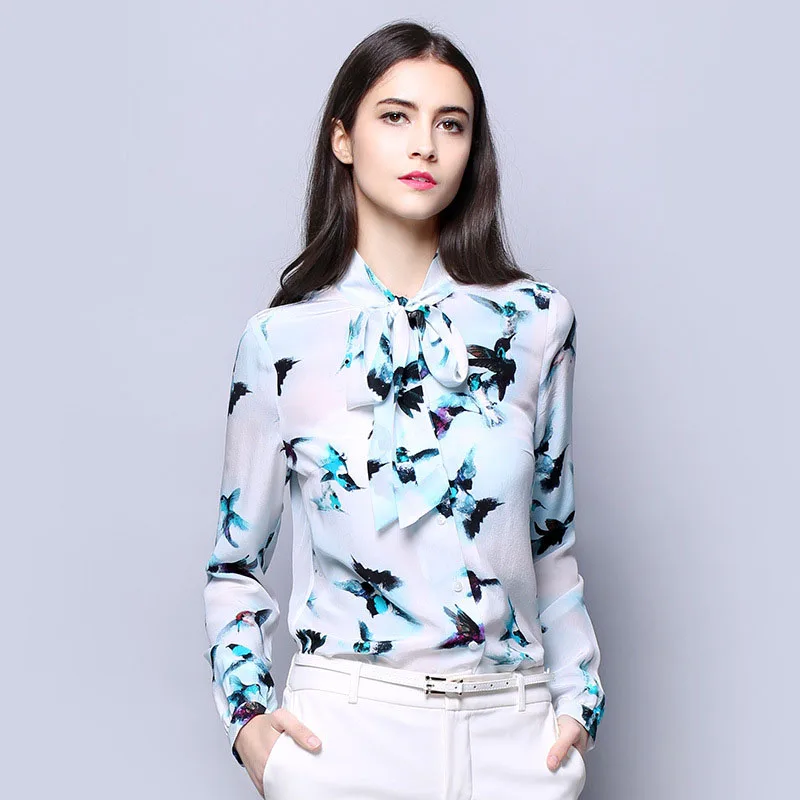 

100% SIlk Crepe Women Shirt Pure Natural Silk Fabric New Arrival Office Lady Women Long Sleeve Bird Animal Printed Blue Color