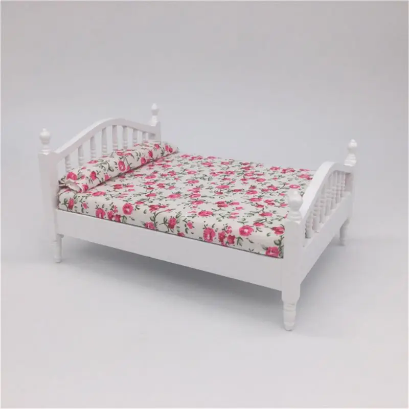 Dollhouse Accessories Wooden Double Queen Bed Flower Pattern Mini Furniture For 1/12 Scale Doll