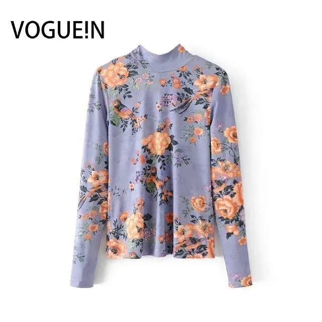 

VOGUEIN New Womens Elastic Floral Bird Print Purple Pink Bow Tie Back Elastic Pullover Blouse Shirt Tops Wholesale