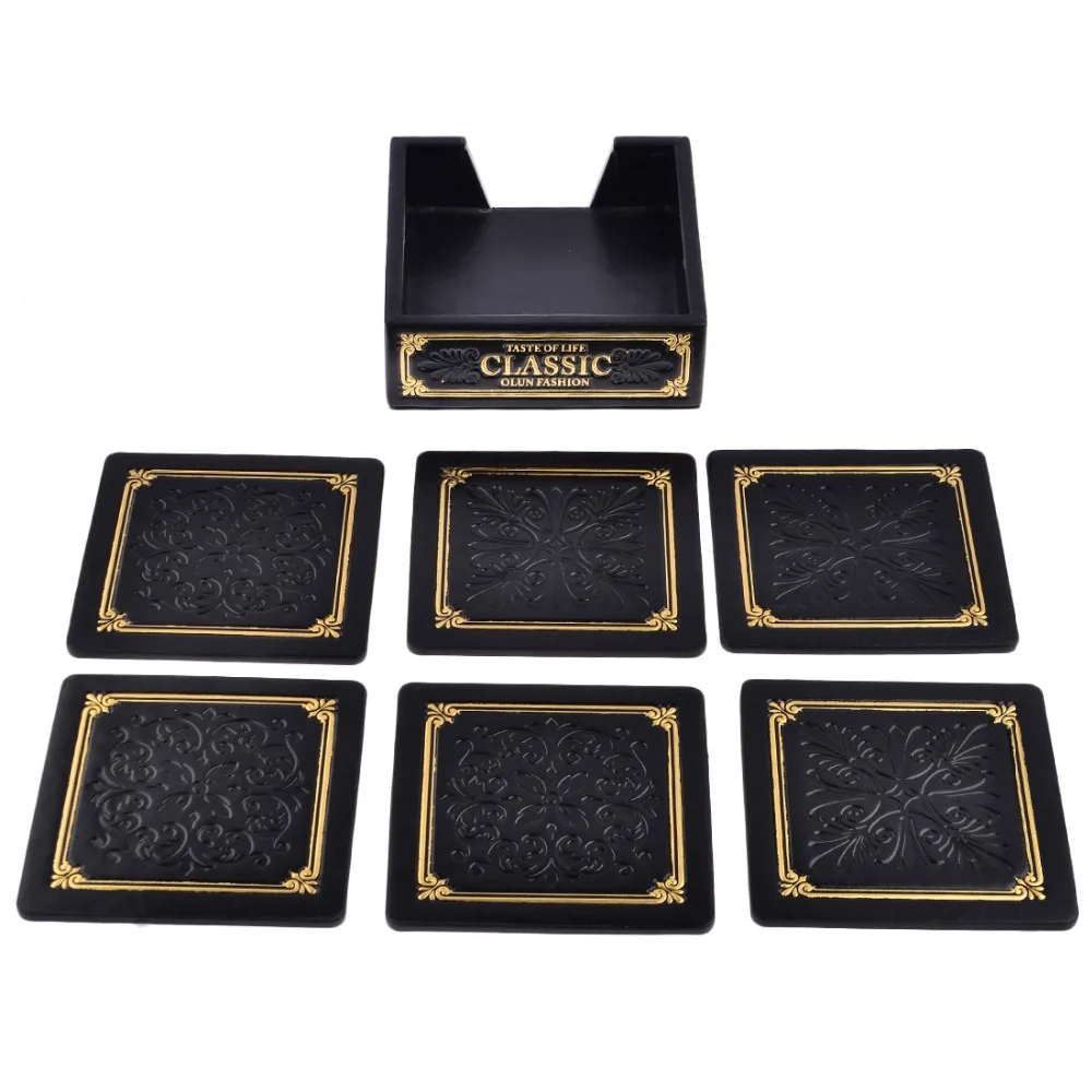 Kopen Set Van 6 Koffie Cup Mat Vierkante Pu Lederen Placemat Onderzetters Cup Mats Met Houder Voor Thuis Decoratie Vintage Mok mat