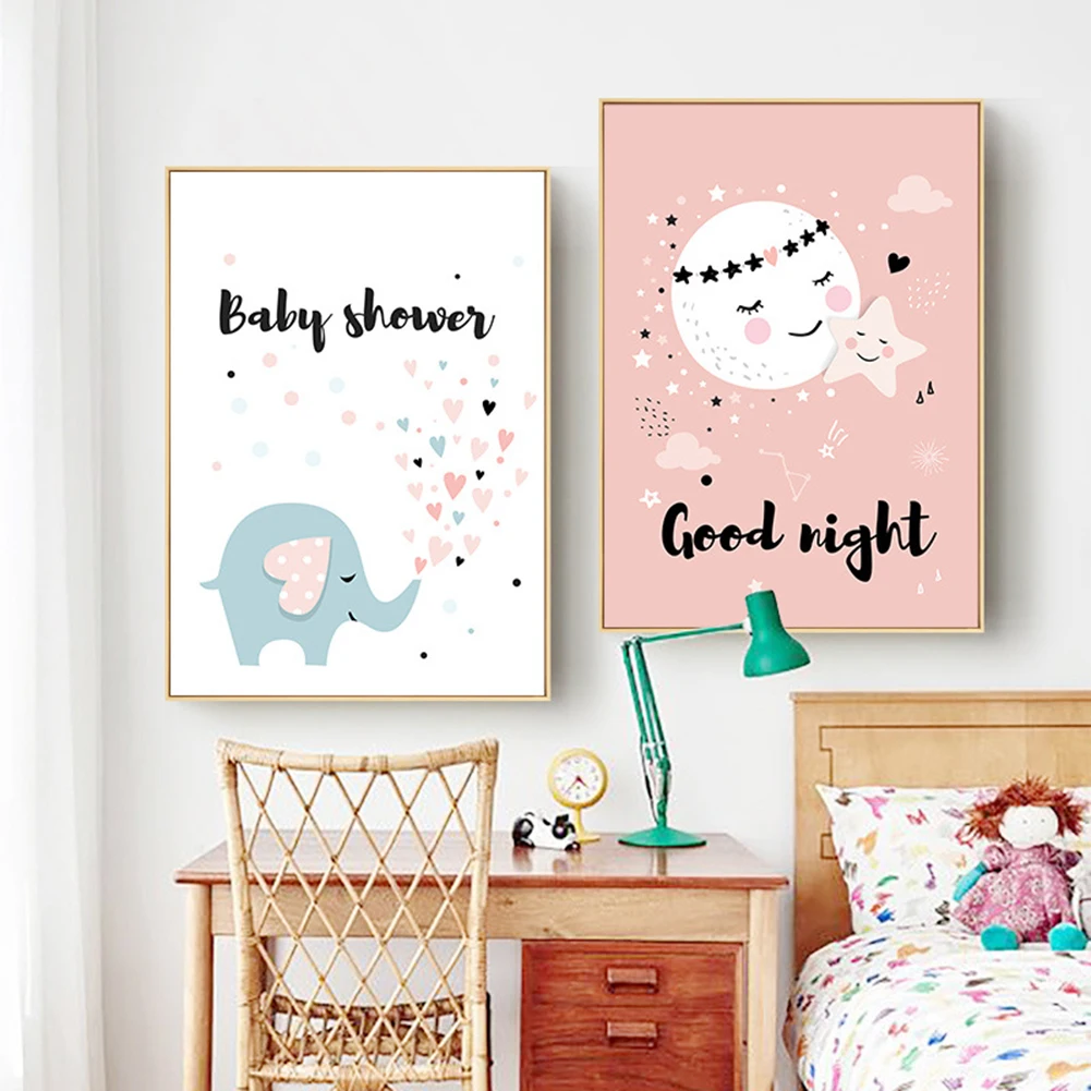 

Home Decor Canvas Painting Cartoon Elephant Bear Moon Canvas Heart Design Painting Cute Poster Baby Children Room Art Wall Decor
