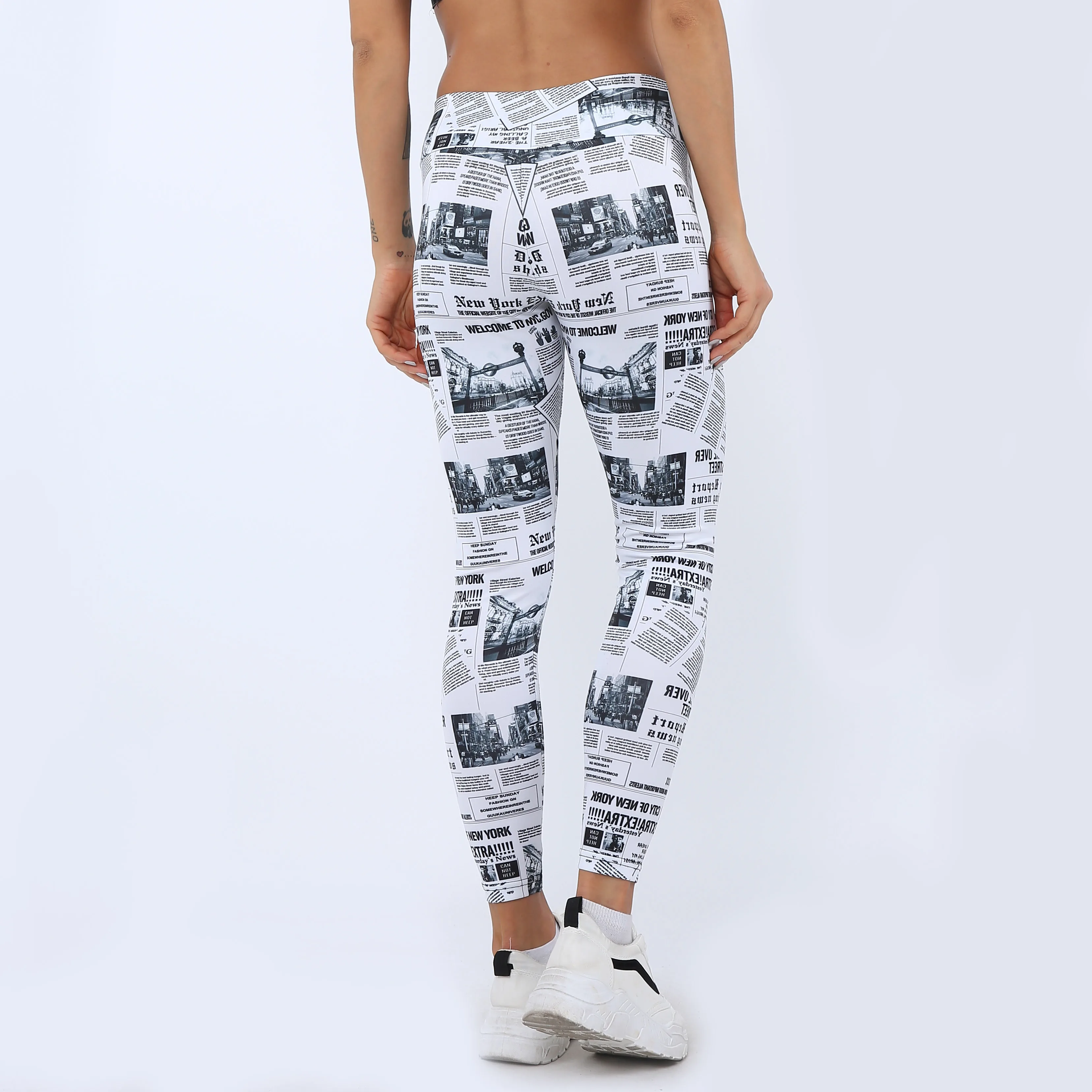 

2019 new sale newspaper digital print high waist Hips Abdomen outdoor sports running itness pants women