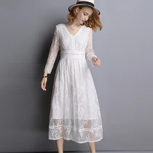 Белое Женское платье, шелк, вышивка, выдалбливают дизайн, v-образный вырез, завышенная талия, платье, повседневный стиль, осень, новая мода