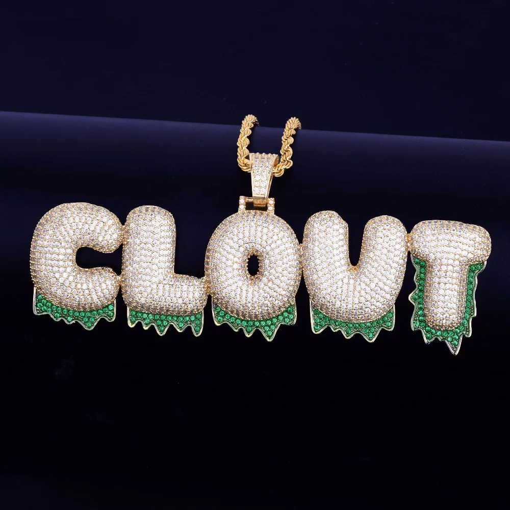 На заказ название Зеленый капельный пузырь буквы подвески ожерелья для мужчин Циркон хип хоп ювелирные изделия с мм 4 мм цвета: золотистый, сереб