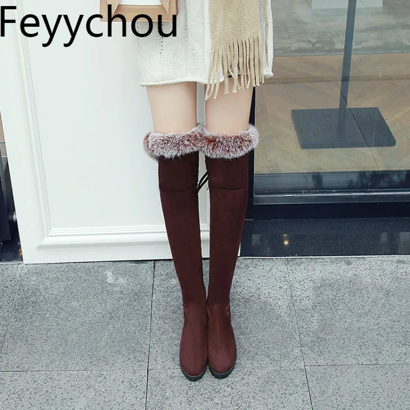 

Women Boots Autumn Winter Stretch Boots Warm Med Heel Fur Over The Knee Round Toe 2018 Sexy New Fashion Boots Flock Martin Black