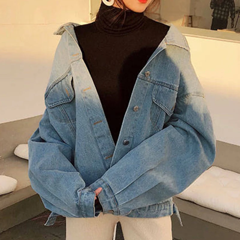 Women's Coat Denim Jacket Vintage Loose Printed Jaqueta Feminina Oversized Jacket Long Sleeve Coat Single Breasted Jackets