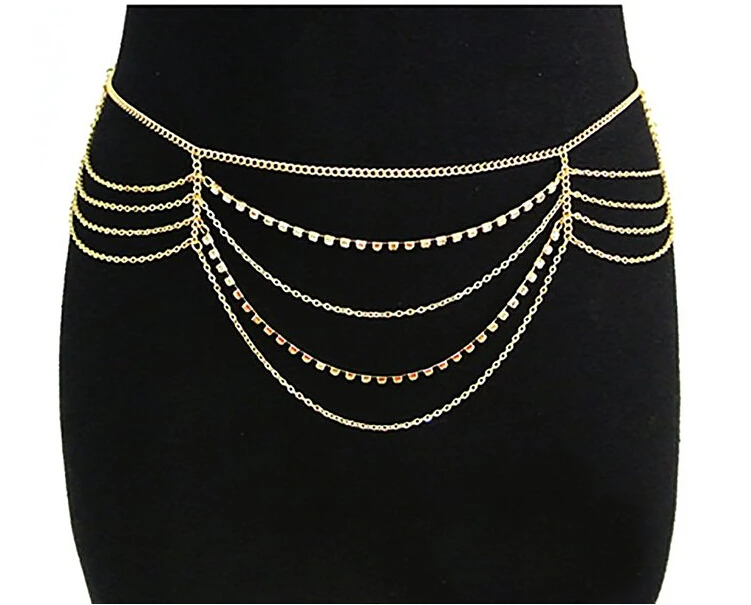 free shipping Goldtone Multi Layered Chain Belt with Dangling