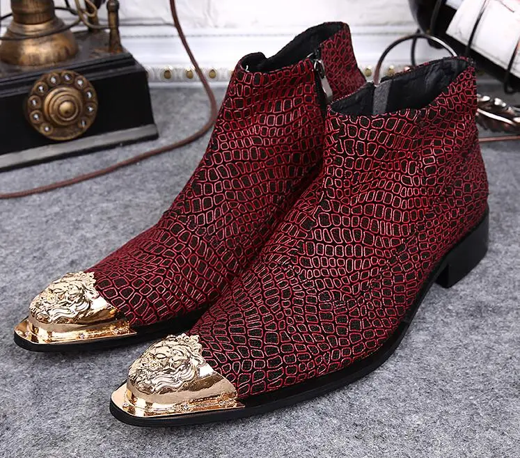 

Ankle Boots shoes men genuine leather soft red wedding shoes pointed toes casual dress shoe med heel plaid martin boots