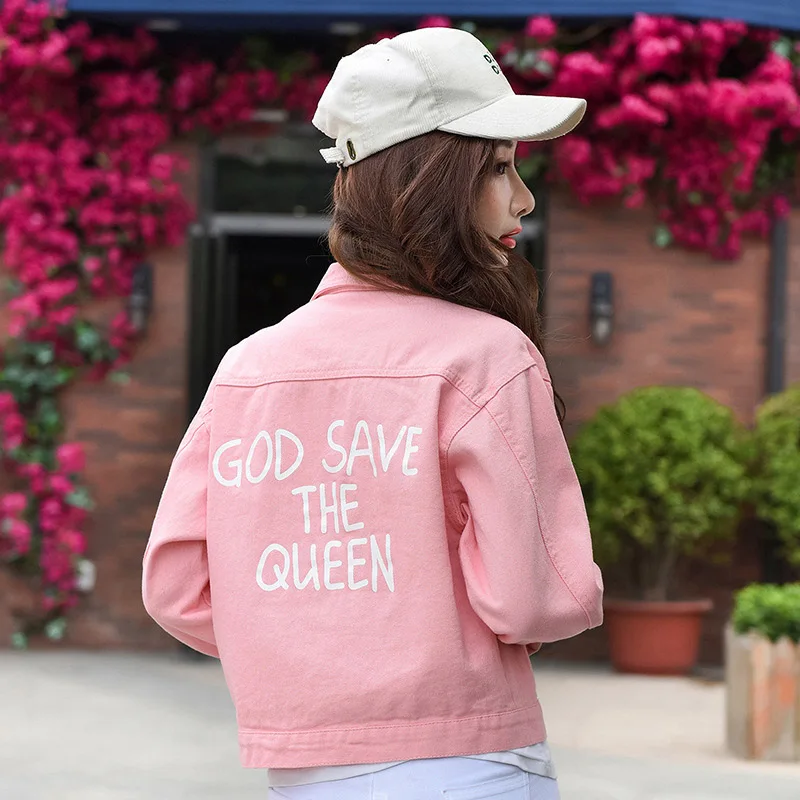 Pink Long Sleeve Short Jeans Women Jackets Denim Letter Print Turn Down Callor Woman's Coats 2019 Autumn Female Harajuku Outwear