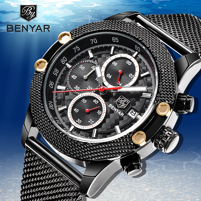 

Top Luxury Brand BENYAR Men Watch Business Fashion Steel Mesh Belt Quartz Waterproof Sports Watch Chronograph Relogio Masculino
