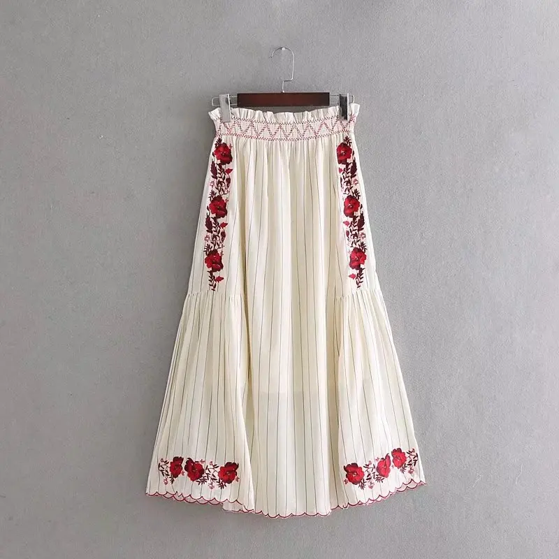 Ivory color flower embroidered women linen long maxi skirt elastic