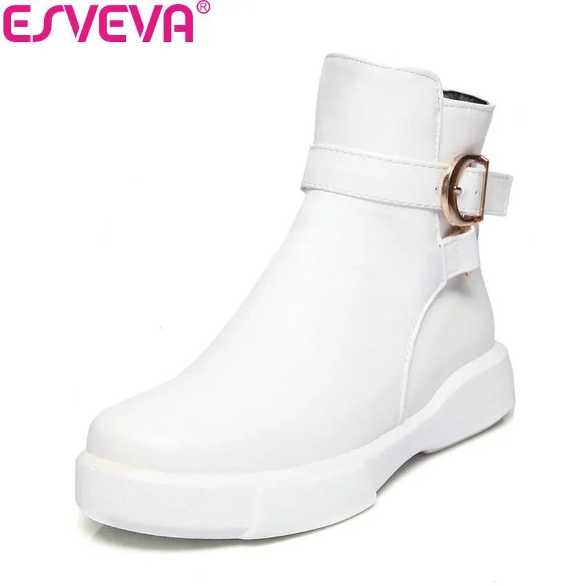 

ESVEVA 2018 Western Style Women Boots Zipper Out Door Low Heels Ankle Boots Decoration Buckle Slim Look Ladies Boots Size 34-43