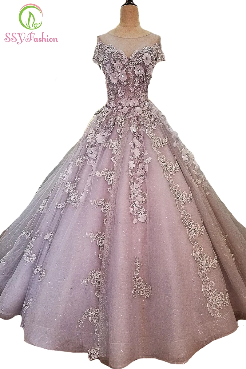 

SSYFashion New High-end Long Evening Dress The Bride Banquet Gorgeous Grey Lace Flower with Beading A-line Prom Party Gown