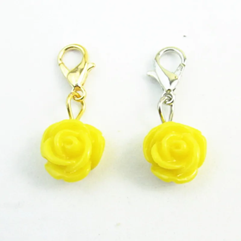 New Arrival Yellow Rose Flowers Dangle Charms With Gold&Silver Lobster Clasp Charm Fit DIY