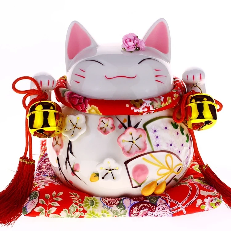 Fengshui корабль 8 дюймов Манеки Неко керамическая фигура Счастливая Кошечка с Лютни