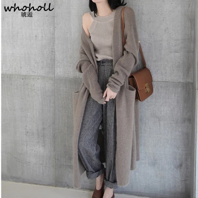 WHOHOLL Long Cardigan Ladies 2018  Fashion Long Knit Sweater Women Large Coat Casual Black Jacket Winter Clothing Sweater