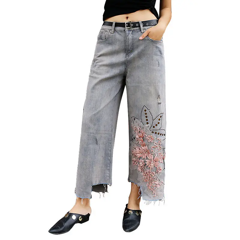 

Fashion Washed Vintage Embroidery High Waist Jeans Woman Summer Beaded Ripped Jeans Denim Straight Pants Vaqueros Mujer C5383