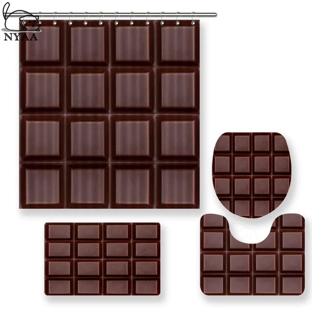 

NYAA 4 Pcs Dark Chocolate Bar Shower Curtain Pedestal Rug Lid Toilet Cover Mat Bath Mat Set For Bathroom Decor