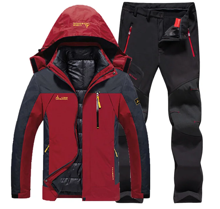 6XL костюм размера плюс для походов, Походов, Кемпинга, катания на лыжах, альпинизма 3 в 1, уличные куртки, набор для мужчин, зимние водонепроницаемые рыболовные термо брюки - Цвет: Red Black set