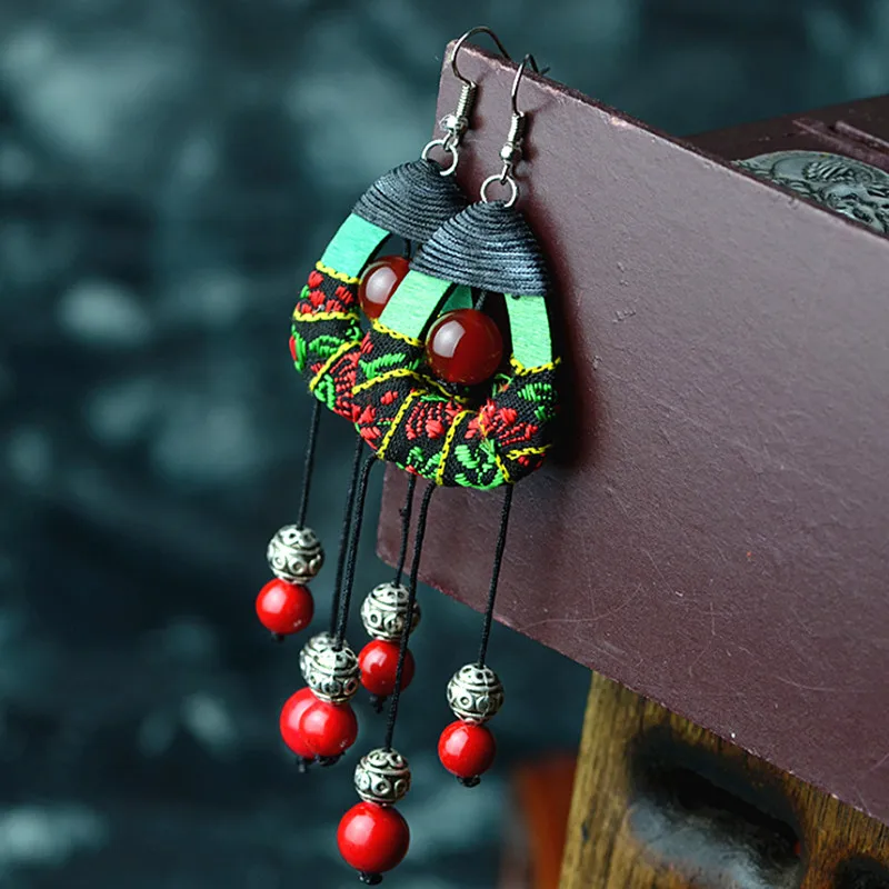 Yanting Long Tassel Earrings With Natural Stones Handmade Knitted Chinese Vintage Boho Earrings For Women Ethnic Brincos 098