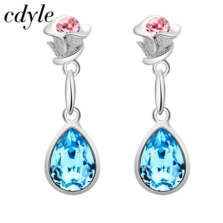Cdyle Crystals from Swarovski Dangle Earrings Rose Shape Women Jewelry Elegant Blue Crystal Bijous Austrian Rhinestone Paved pair of elegant spiral tiered rhinestone dangle earrings