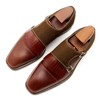 

Best quality handmade square toe genuine leather monk shoes for men luxury tassel two buckled leather shoes men free shipping