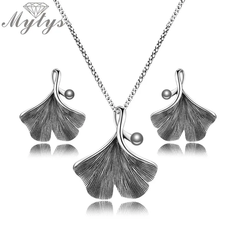 

Mytys Vintage Silver Grey Ginkgo Leaf Jewelry Sets for Women Retro Thai Silver Necklace Earrings Sets Fashion Jewelry CN436 CE47