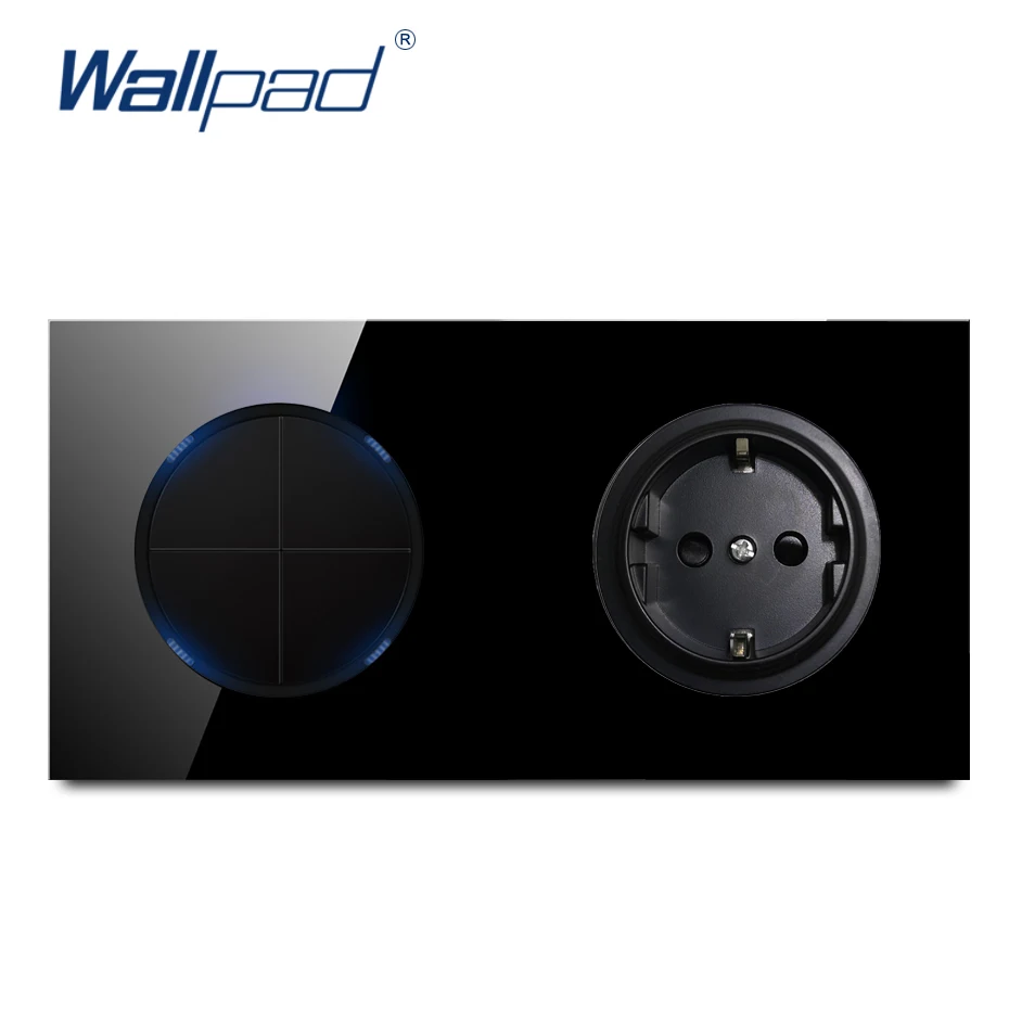 

Wallpad 4 Gang 2 Way EU 16A German Socket Crystal Tempered Pure Black Glass Panel Wall Power Socket Outlet Grounded