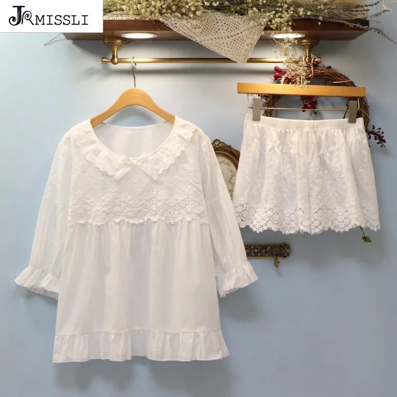 

JRMISSLI Plus Size Women Cotton Pajamas Sets Princess Lace Patchwork Lace Sleepwear Sets