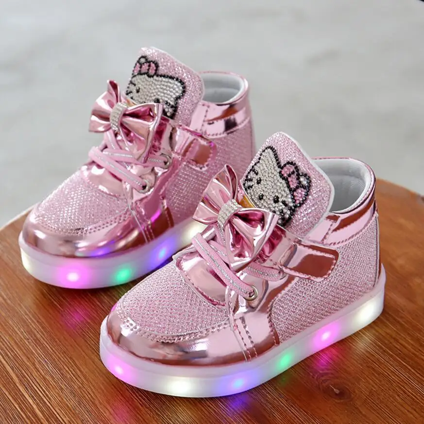 

KKABBYII Children Shoes New Spring Hello Kitty Rhinestone Led Shoes Girls Princess Cute Shoes With Light EU 21-30