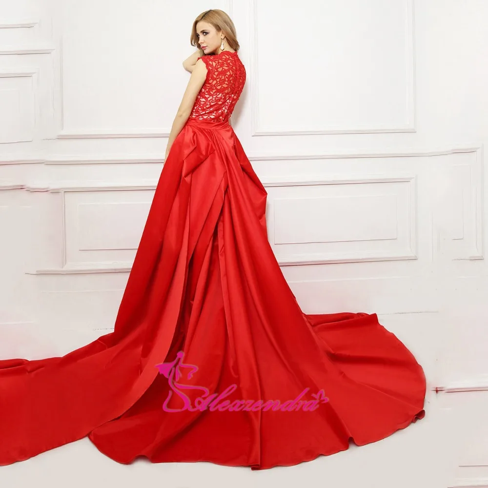 Alexzendra Красное Кружевное длинное вечернее платье со съемным шлейфом с овальным вырезом Длинные платья для выпускного вечера размера плюс специальные платья для вечеринок