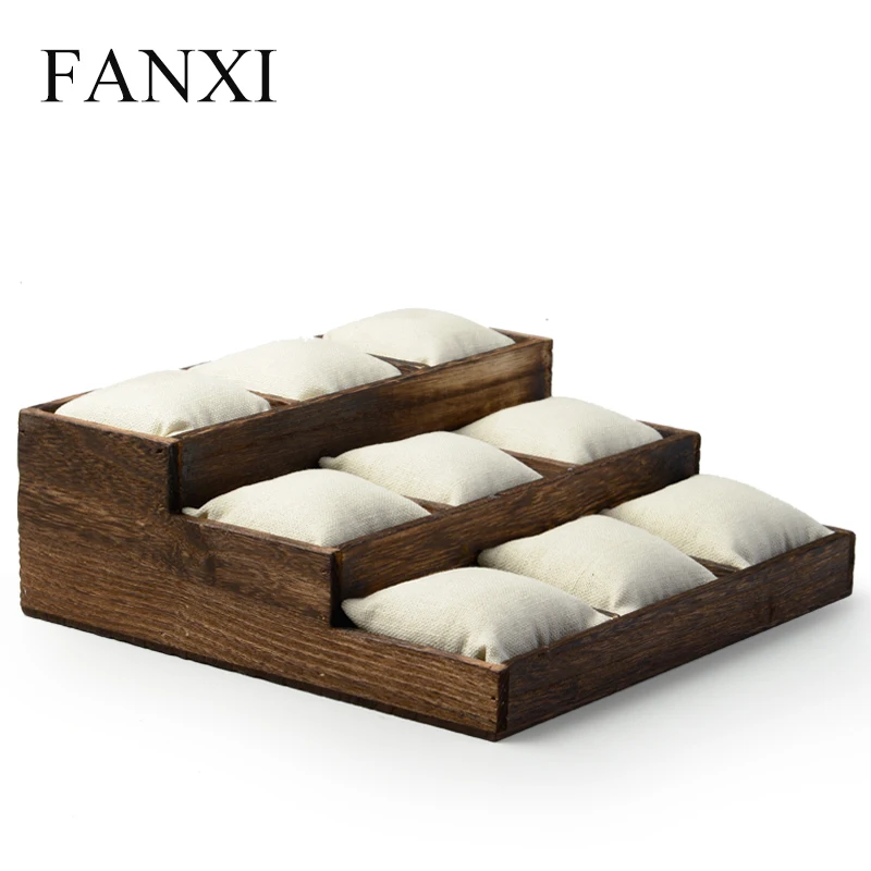 FANXI Vintage Wooden Jewelry Display Tray Stand Bangle Bracelet Watch Holder with Linen Pillow Shop Counter Jewelry Organizer