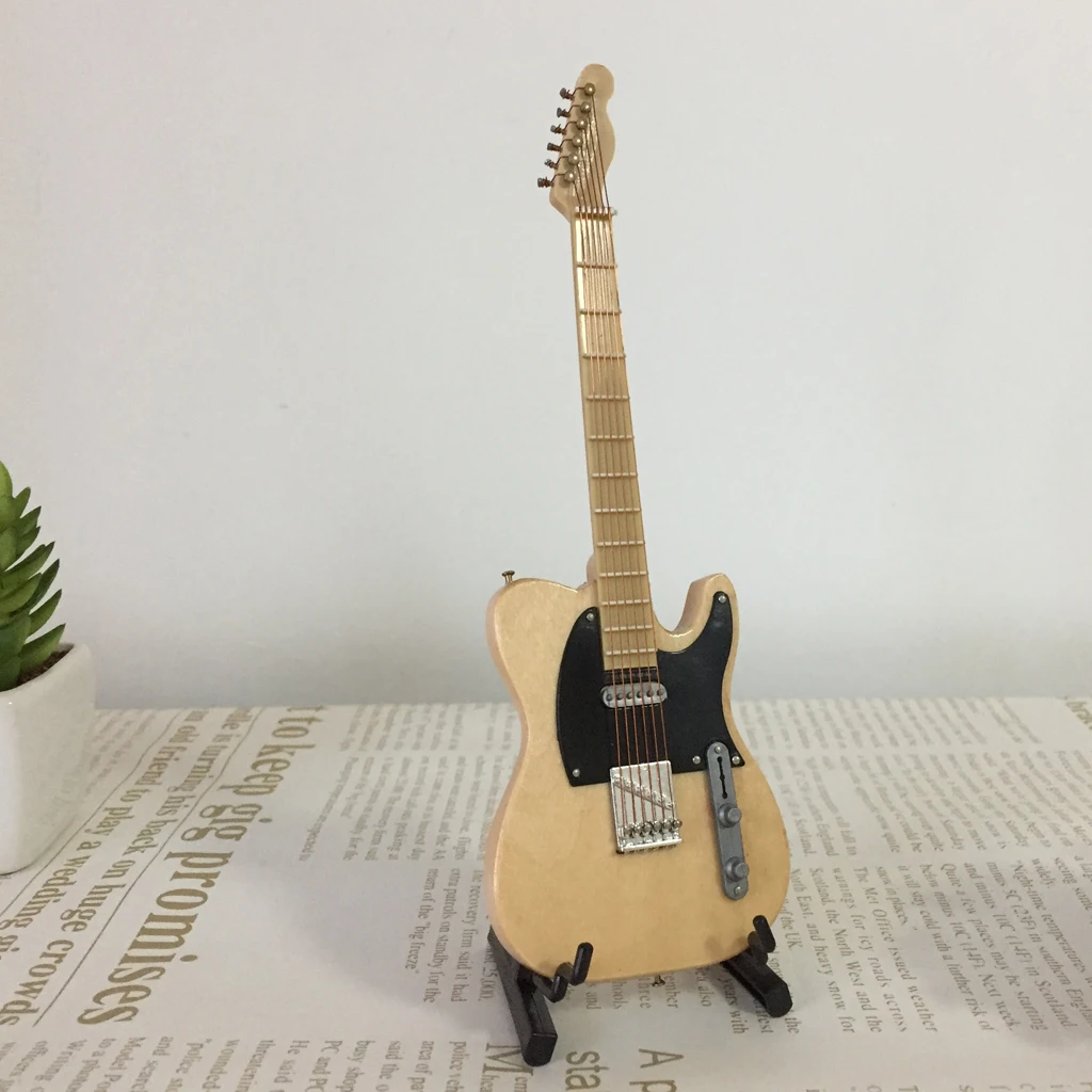 1/6 Mini Kids Toy Guitar Musical Instrument Miniature Dollhouse Model Home decoration with Stand for Music Room (Beige)