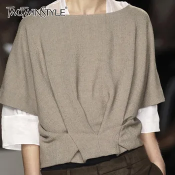 

TWOTWINSTYLE Summer O Neck Women's Shirt Hit Color Patchwork Three Quarter Sleeve Crop Top Blouse Female Fashion Casual New 2020