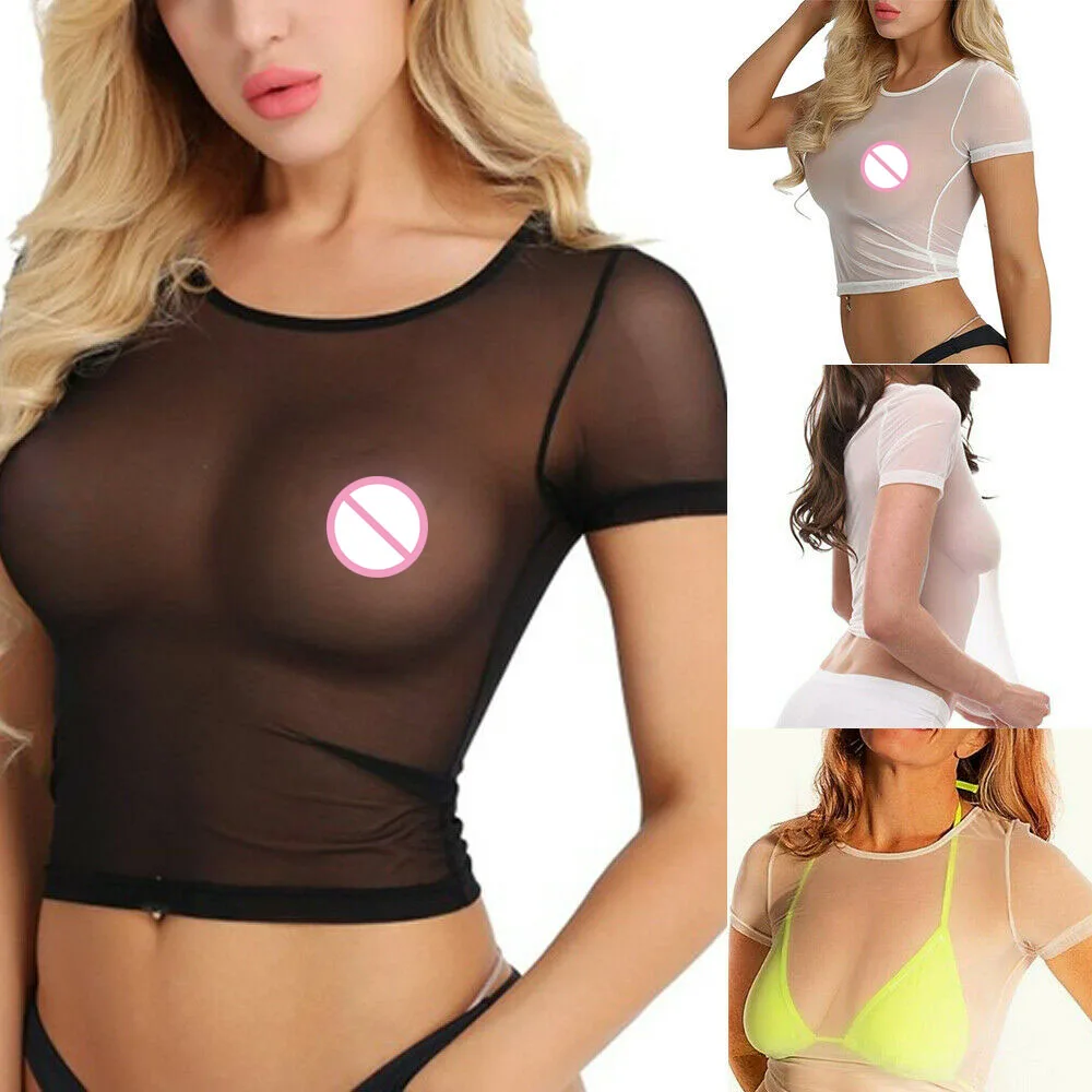 New Women Blouse Sexy Sheer Mesh See-Through Short Sleeve Tops Crop Slim Shirt Blouse Transparent Tops