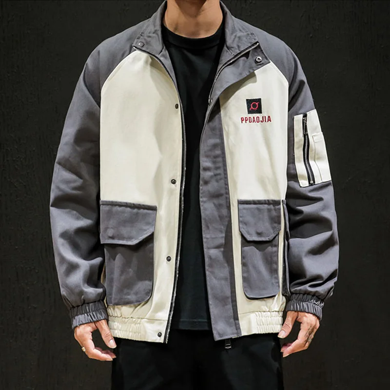 

2019 New Patchwork Jackets Men Autumn Zipper Hip Hop Pocket Jacket Casual Loose Jacket and Coat Men Streetwear 4XL 5XL