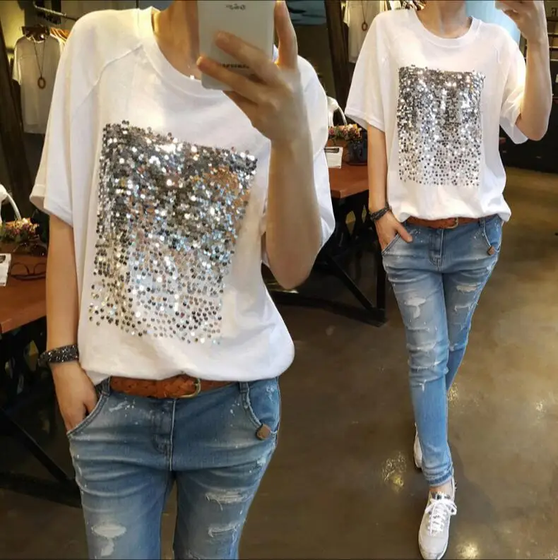 

Summer Novelty Korean version loose large size cotton Sequins White cotton, bamboo T-shirt female short-sleeved fitness
