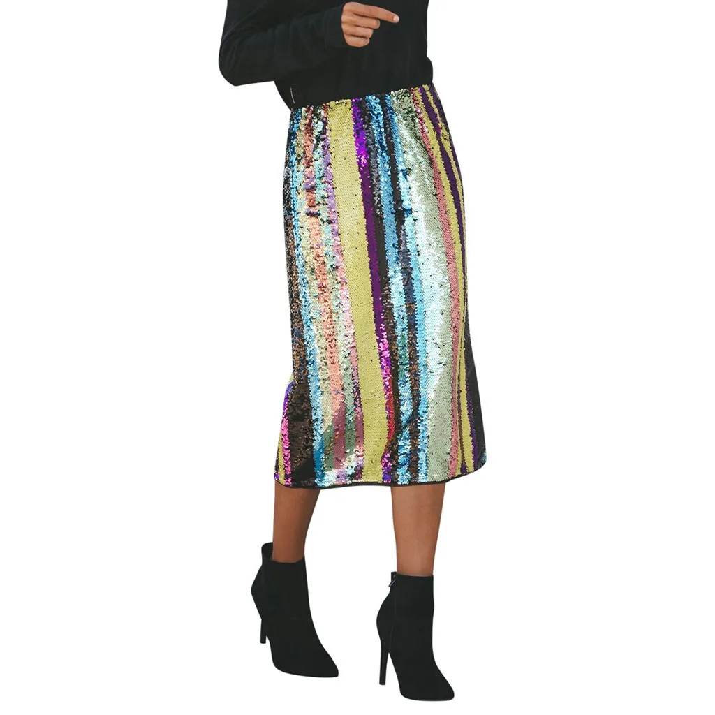 

Summer Fashion Women Sexy Striped Patchwork Sequined Split Hem Party High Waist Skirt faldas mujer moda 2019 El verano #N45